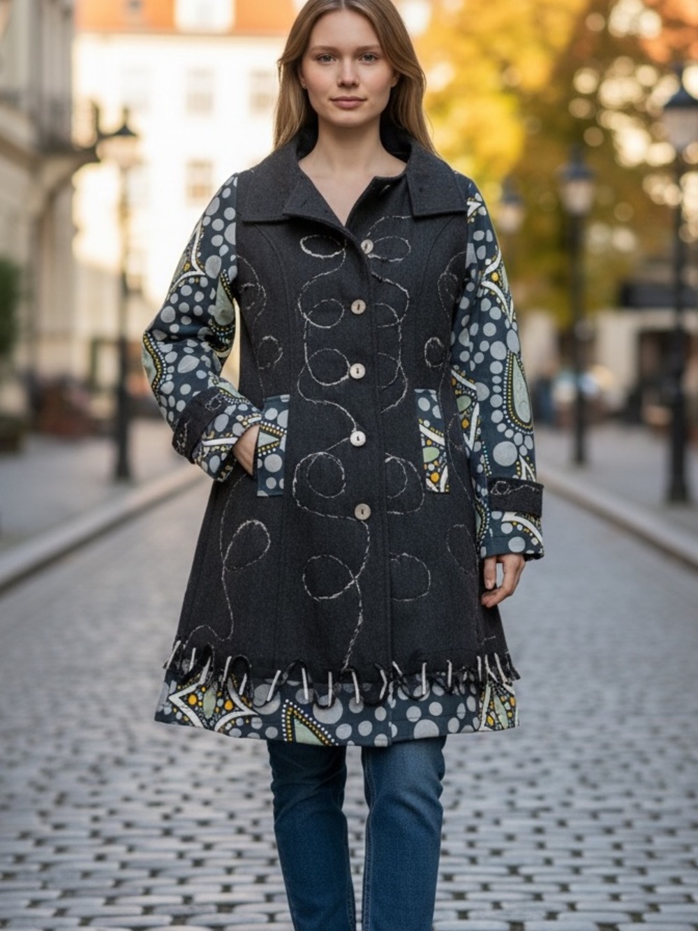 Women’s Dark Grey Patterned Irish Wool Coat with Printed Sleeves, size S